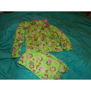 girls Night Life green flannel monkey print pajama set size 6x green pink ruffle